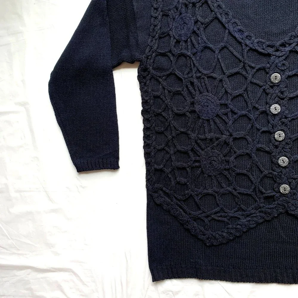 Vintage Ce'Ci Sweater Womens‎ M/L Black Crochet Chunky Knit Linen Blend Boho NEW